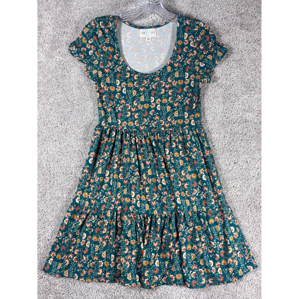 Jun Ivy Teal Floral Tiered ALine Mini Dress XXS Short Sleeve Scoop Neck